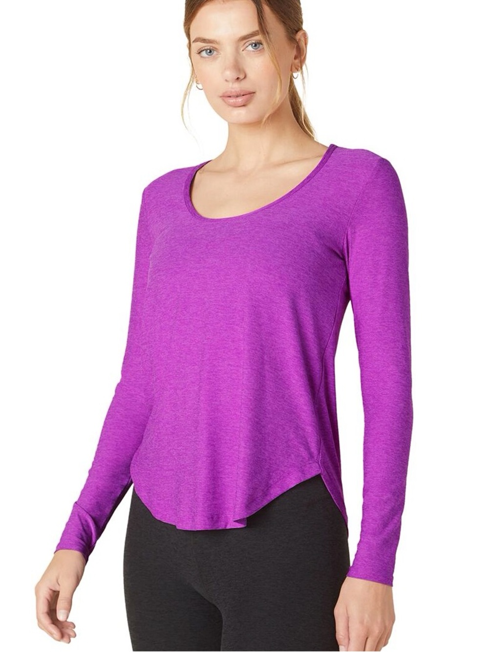 Beyond Yoga Featherweight Long Sleeve Curved Hem Top Scoop Heather Plum Sz M